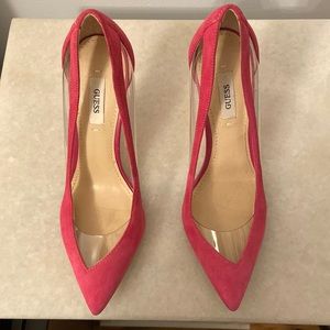 Hot pink suede and vinyl 4in Guess heels size 6.